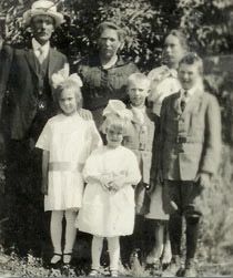 An old black and white photo of the August Dahlin family.